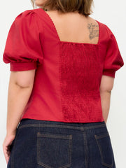 Linen-blend Sweetheart Neckline Lettuce Trim Shirred Puff Sleeve Blouse Curve & Plus