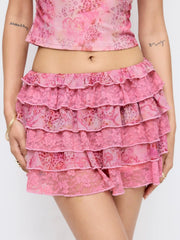 Mesh Mid Rise Floral Ruffled Mini Skirt