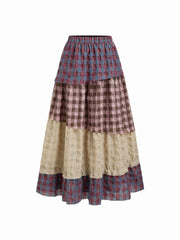 Cotton-blend Mid Rise Checks Colorblock Patched Tiered Maxi Skirt