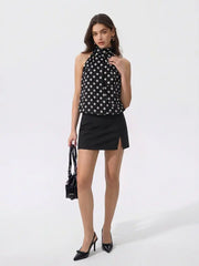 Chiffon Polka Dot Halter Neckline Ruched Shirt Bodysuit