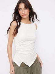 Cotton-blend Boat Neck Ruched Asymmetrical Hem Top