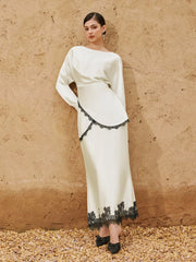Satin Draped Lace Trim Top & Mid Rise Mermaid Maxi Skirt Set