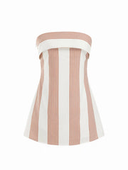 Linen-blend Striped Fold Over A-line Bandeau Mini Dress