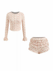 Cotton-blend Floral Button Crop Top & Mid Rise Lettuce Trim Layered Shorts Loungewear Set