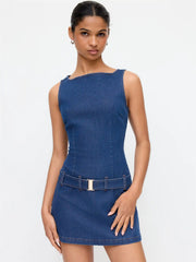 Denim High Rise Metal Button Belted Bodycon Mini Dress