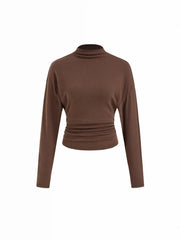 Cotton-blend High Neck Long Sleeve Ruched Cinched Waist Top