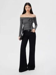 Wool-blend Off-shoulder Bowknot Ruched Top