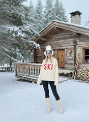 SKI Knit Round Neckline Long Sleeve Contrasting Binding Oversized Top