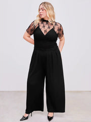 Lace See-through Top & V Neck Wide Leg Jumpsuit Curve & Plus
