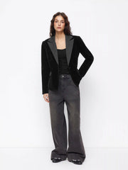 Velvet Two Tone Notched Collar Long Sleeve Double Breasted Blazer