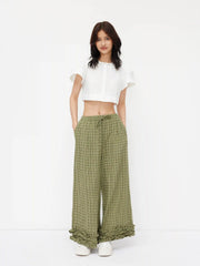 Mid Rise Check Drawstring Lettuce Trim Trousers
