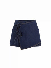 Denim Low Rise Knotted Wrap A-line Mini Skort