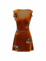 Velvet V-Neck Floral Embroidery Ruched Mini Dress