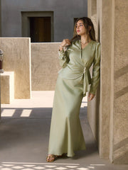 Satin V-neck Draped Pearl Button Top & Mid Rise Mermaid Maxi Skirt Set