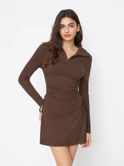 Polo Neck Drawstring Ruched Long Sleeve Mini Dress