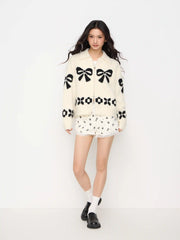 Knit Wool-blend Bowknot Collar Long Sleeve Zip Through Oversized Cardigan