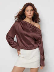 Satin Asymmetrical Neck rRuched Blouse Bodysuit