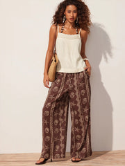 Linen-blend Square Neck Ruched Lace Trim Cami Blouse