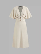 Linen-blend V-neck Solid Ruffle Ruched Midi Dress