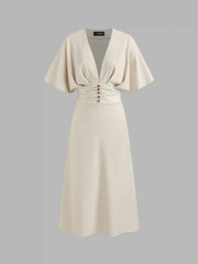 Linen-blend V-neck Solid Ruffle Ruched Midi Dress