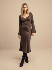 Satin Lace Bell Sleeve Crop Top & Mid Rise Midi Skirt Set