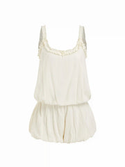 Cotton-blend Mid Rise Scoop Neck Ruffle Bubble Hem Oversized Romper