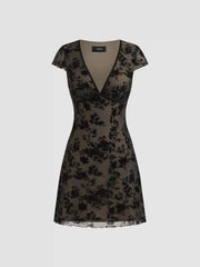 Mesh V-neck Floral Bow Mini Dress