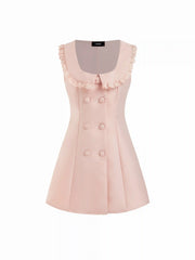 Button-front Ruffled Lace Collar Sleeveless Mini Dress