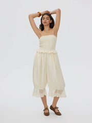 Chiffon Strapless Smocked Waist Lace Trim Bloomer Capri Jumpsuit
