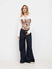 Cotton-blend V-neck Collar Floral Patched Corset Long Sleeve Blouse
