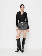 Collar Ruched Zip Through Long Sleeve Top