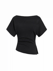 Knit Boat Neck Asymmetrical Hem Spilt Batwing Sleeve Top