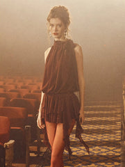 Chiffon Halter Neck Ruffled Ruched Mini Dress