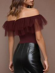 Ruffle Tulle Off-Shoulder Bodysuit