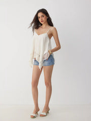 Chiffon Lace V-neck Lace Panel Hanky Hem Cami Blouse