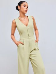 Woven V-neck Solid Pocket Cut Out Vest Jumpsuit