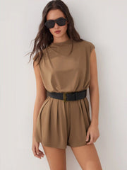 High Stretch Round Neckline Mid Rise Oversized Romper with Belt
