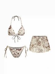 Floral Halter Neckline Tie Side Triangle Bikini Set With Cover Up Skirt