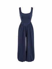 Cotton-blend Scoop Neckline Ruched High Rise Bloomer Jumpsuit
