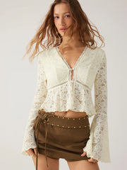 Floral Lace V-Neck Bell Sleeve Cropped Top