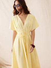 Linen-blend V-neck Pleated Knotted A-line Maxi Dress