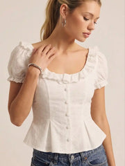 Jacquard Ruffled Scoop Neck Puff Sleeve Peplum Blouse