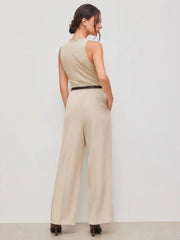 Round Neckline Solid Pocket Zipper Jumpsuit With Belt