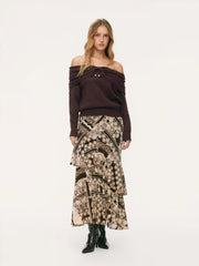 Wool-blend Knit Off-Shoulder Metal Detail Pierced Oversized Sweater
