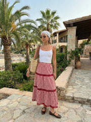 Cotton-blend Mid Rise Gingham Lace Flared Maxi Skirt