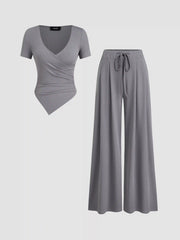 V-neck Ruched Top & Mid Rise Elastic Waist Knotted Straight Leg Trousers