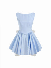 Cotten-Blend Boat Neck Gingham Bowknot Flared Mini Dress