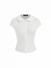 Cotton-blend Collar Lace Trim Button Front Tee