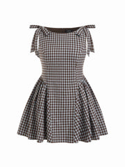 Jacquard Plaid Bowknot Ruffle Hem Mini Dress Curve & Plus