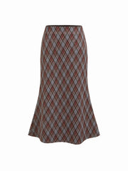 Mid Rise Plaid Half Zip Pencil Midi Skirt